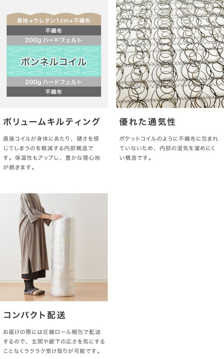 マットレスセット シングル 宮付き・コンセント付き すのこベッド ボンネルコイルマットレス ベッドセット 圧縮ロールマットレス(代引不可)