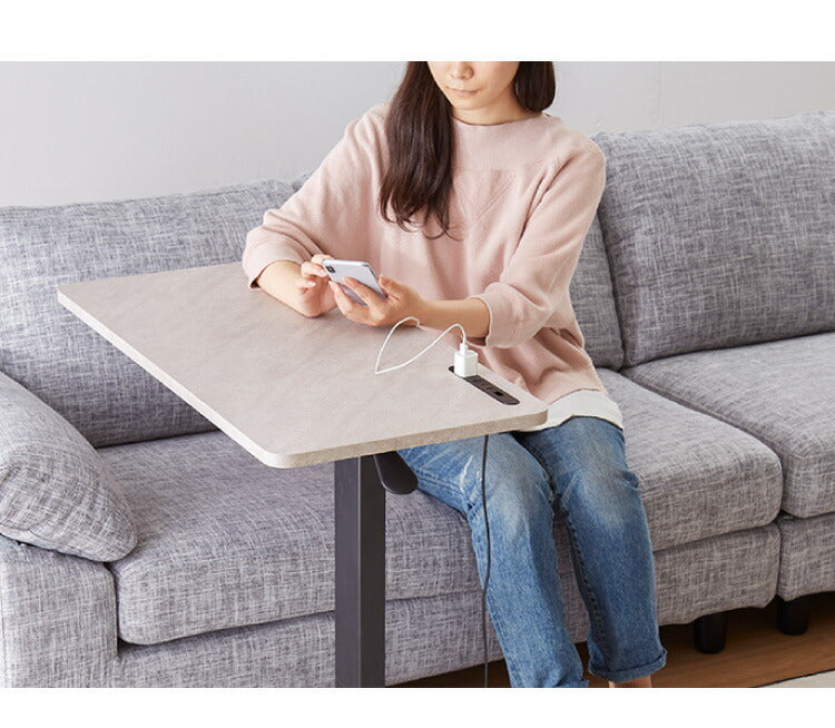 昇降式テーブル ガス圧 無段階 高さ調節 レバー式 80×40 キャスター コンセント USBポート ブラウン ナチュラル 大理石調 テレワーク 在宅 介護 ベッドサイド テーブル 昇降テーブル サイドテーブル