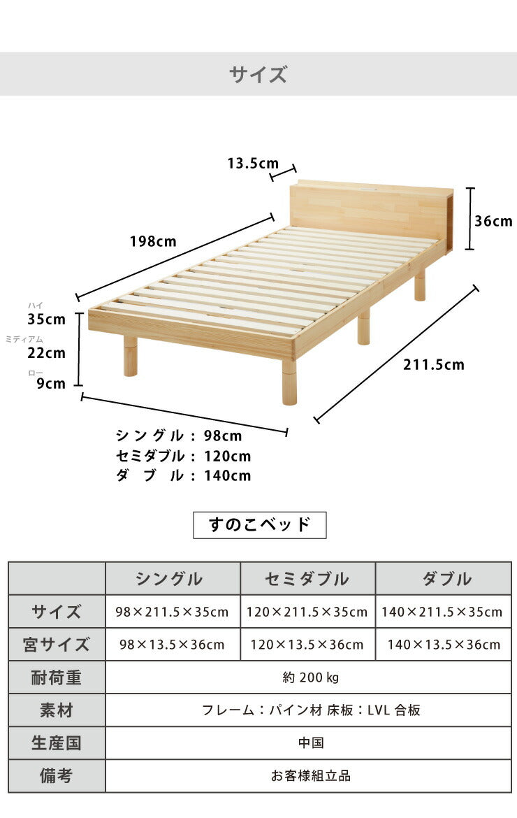 マットレスセット ダブル 宮付き・コンセント付き すのこベッド ボンネルコイルマットレス ベッドセット 圧縮ロールマットレス(代引不可)