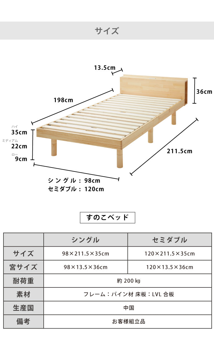マットレスセット セミダブル 宮付き・コンセント付き すのこベッド ボンネルコイルマットレス ベッドセット(代引不可)
