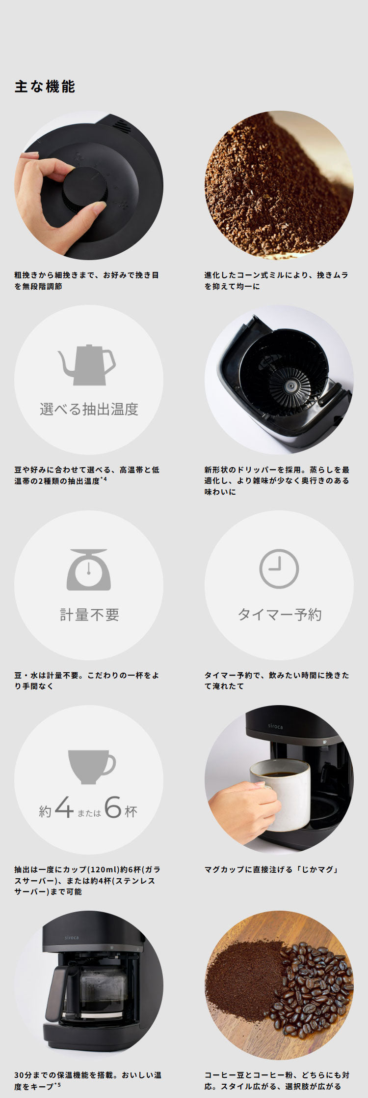 シロカ siroca コーン式全自動コーヒーメーカー カフェばこPRO CM-6C271 こだわり挽き 抽出温度 挽き目調節 挽き時間調節 ミル単独 デカフェ 軽量不要 タンク取り外し スリム コンパクト 大容量