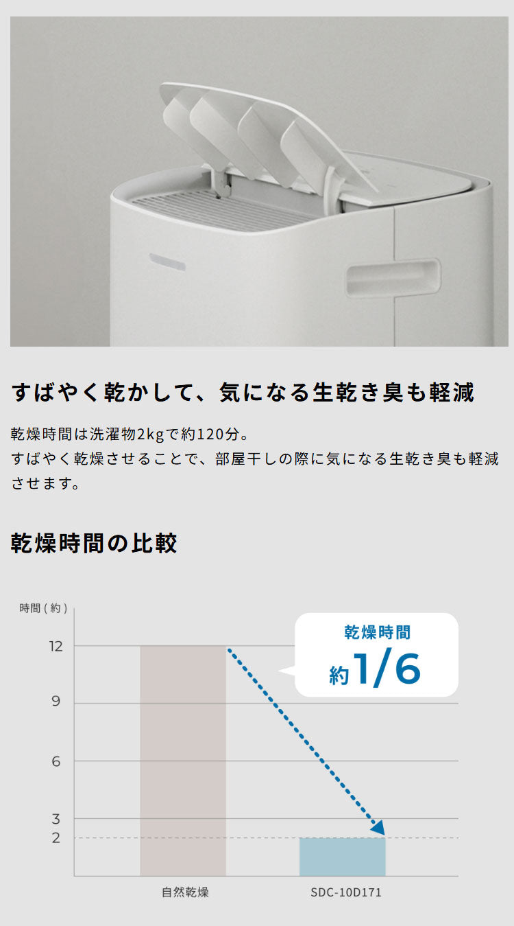 コンプレッサー式 除湿機 衣類乾燥モード搭載 2.8Lタンク お手入れかんたん 部屋干し カビ対策 コンパクト 省スペース 衣類乾燥 パワフル風量 風向き調節 SDC-10D171