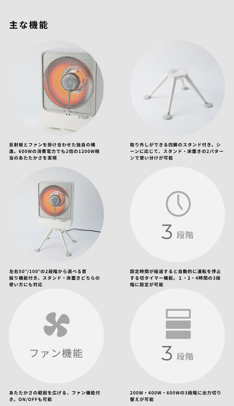 シロカ siroca リフレクトヒーター ぽかエコー 左右首振り 自動電源オフ スタンド 床置き 反射板 ファン チャイルドロック 節電 省エネ 安心センサー 転倒 異常加熱 検知 暖房 冬 SH-LF251(W)