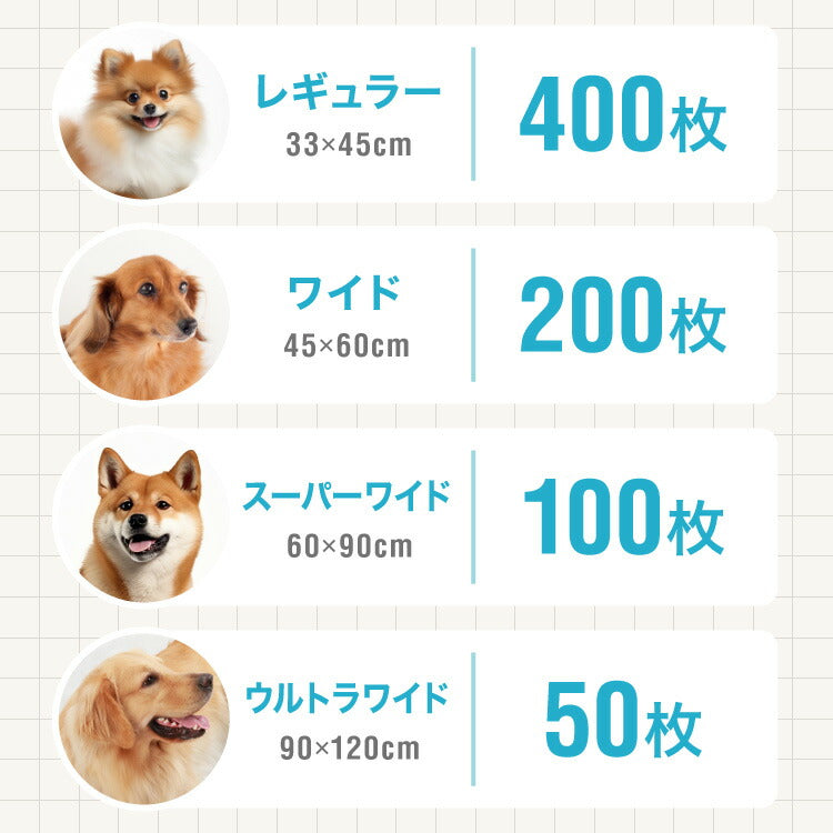 ペットシーツ 厚型 レギュラー 400枚 ワイド 200枚 スーパーワイド 100枚 ウルトラワイド 50枚 ホワイト 白 大容量 超吸収 抗菌 消臭 トイレシート トイレシーツ ペットシート 愛玩動物介護士監修 犬