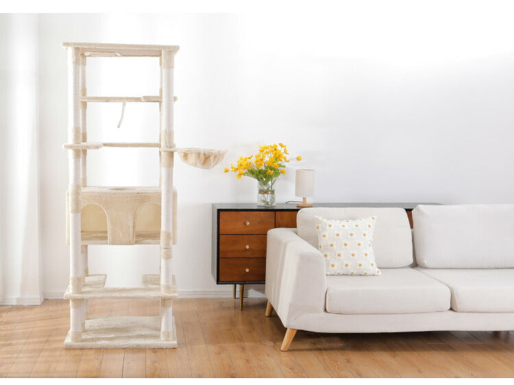 キャットタワー スリム 据え置き 大型猫 68×60cm 高さ184cm 省スペース おしゃれ 猫 猫用品 ペット用品 タワー 爪とぎ ハンモック おもちゃ コンパクト ベージュ グレー