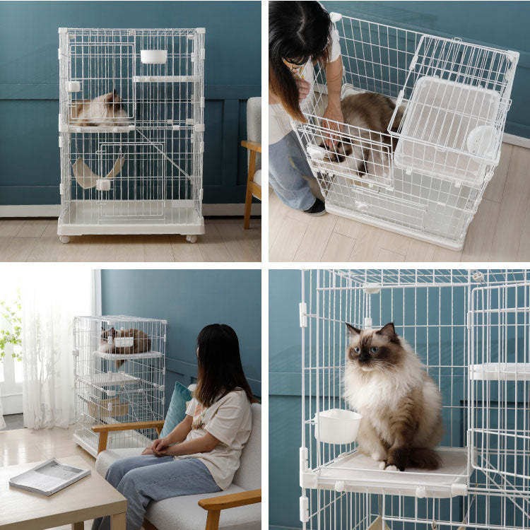 キャットケージ 2段 コンパクト スリム キャスター付 ハンモック 水飲みボウル ステップ台2段 多頭飼い 留守番 保護 脱走防止 シンプル おしゃれ 室内 猫 ケージ 猫ケージ ペットケージ ハウス 檻 サークル