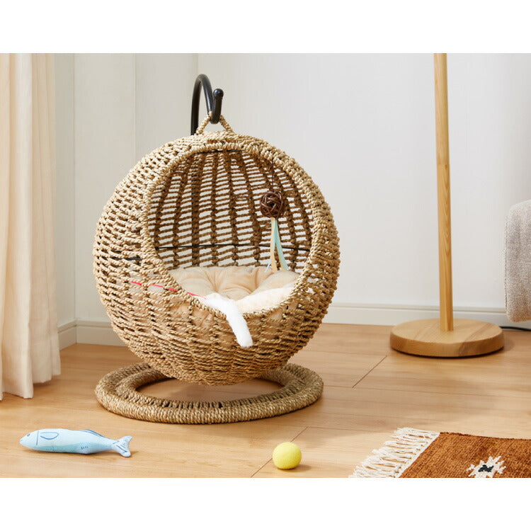 ペット用ハンギングチェア クッション付き シーグラス製 丸型 おしゃれ ナチュラル 北欧 かわいい ペットチェア 猫ベッド ペットベッド ペットハウス キャットチェア ペット用 猫用 ペット用家具 キャットハウス 吊り下げ式 ペット 室内