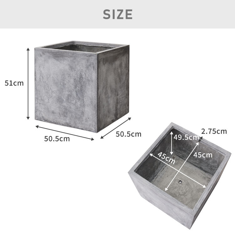 プランター 大型 50×50cm スクエア コンクリート おしゃれ モダン ガーデニング 植木鉢 鉢カバー プランターカバー プランターボックス ファイバークレイ 観葉植物 屋外 室内 軽い