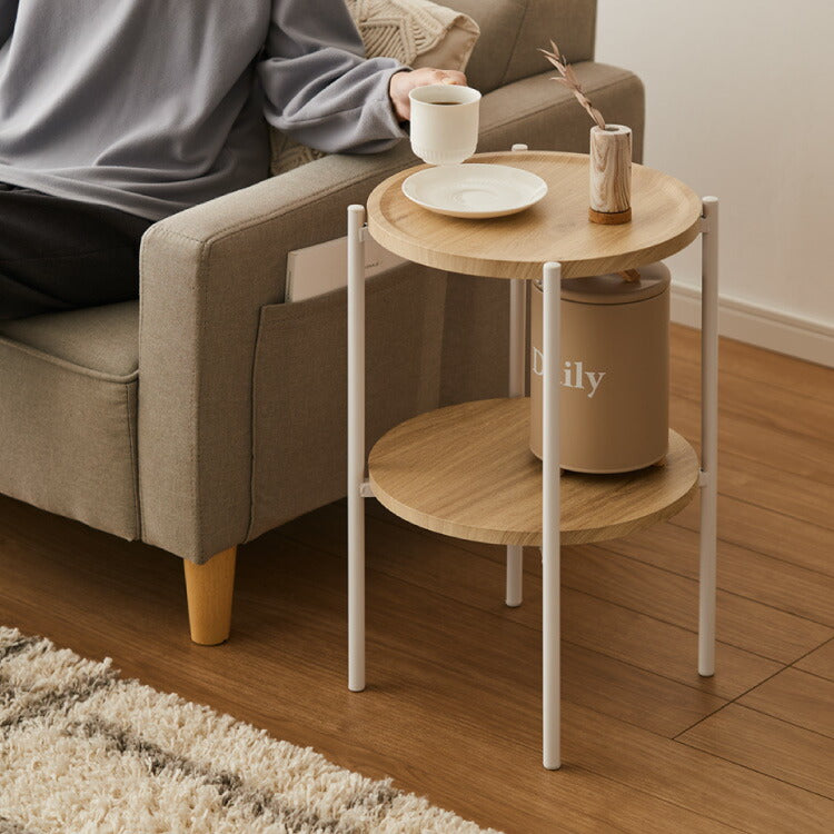 サイドテーブル おしゃれ 2段 幅37cm 高さ52cm コンパクト ホワイト 大理石柄 ナチュラル ブラウン 北欧 ヴィンテージ シンプル 飾り棚 ラック テーブル ミニテーブル 丸 ラウンド ナイトテーブル