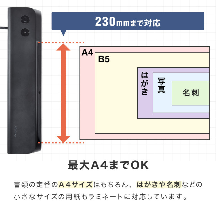 ラミネーター A4対応 simplus ウォームアップ時間3分 コンパクト 簡単操作 加熱均一 気泡なし 125ミクロン 125μm 最大対応用紙厚さ0.5mm 【メーカー保証1年】