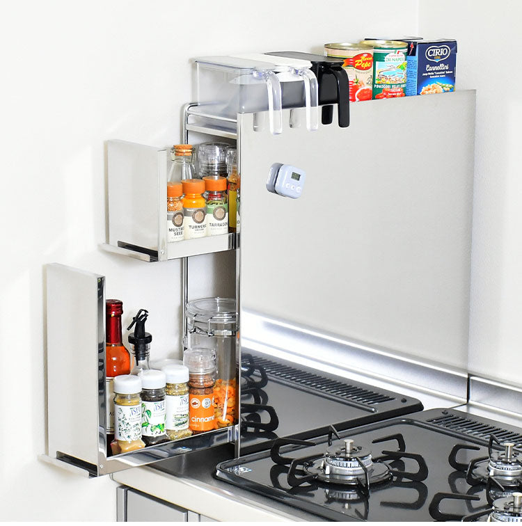 日本製 燕三条 隠せるステンレス調味料ラック 2段 引き出し 大容量 スパイスラック ステンレス製 調味料入れ 調味料ポット 隠せる 隠す 収納 スリム コンロサイド 隙間収納 すき間収納 おしゃれ