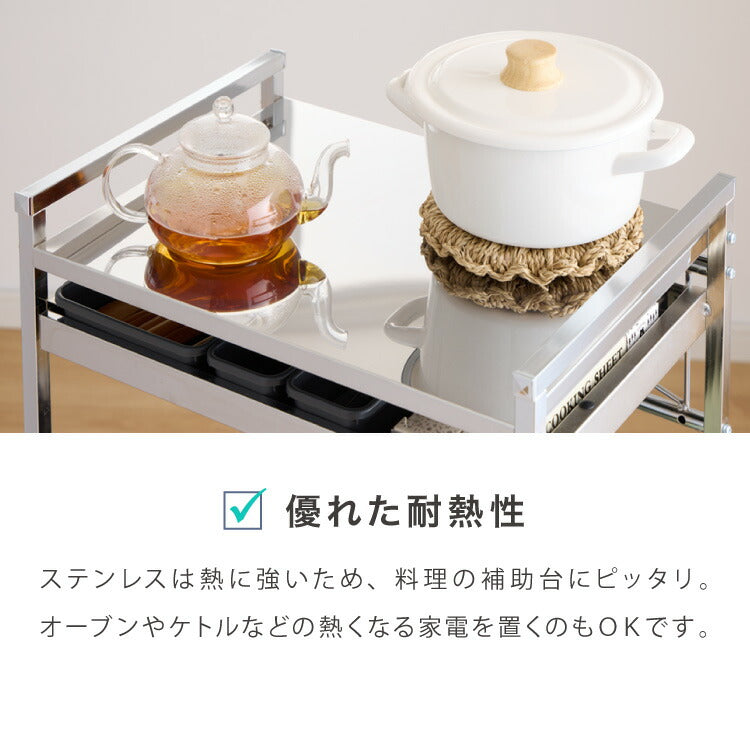 日本製 燕三条 ステンレス作業台ワゴン 幅50cm 引出付き ハンドル付き キッチンワゴン 作業台 調理台 スリム キャスター付き おしゃれ ステンレス天板 シルバー ステンレスワゴン キッチンラック(代引不可)