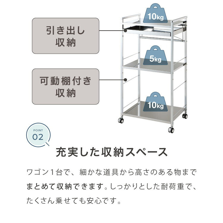 日本製 燕三条 ステンレス作業台ワゴン 幅50cm 引出付き ハンドル付き キッチンワゴン 作業台 調理台 スリム キャスター付き おしゃれ ステンレス天板 シルバー ステンレスワゴン キッチンラック(代引不可)