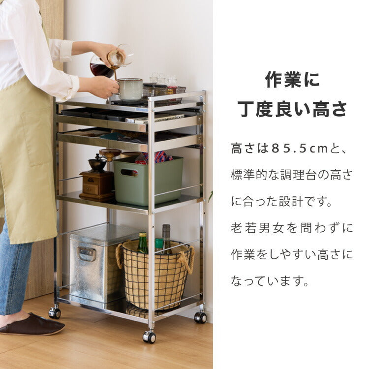 日本製 燕三条 ステンレス作業台ワゴン 幅50cm 2段 引出付き ハンドル付き キッチンワゴン 作業台 調理台 スリム キャスター付き おしゃれ ステンレス天板 シルバー ステンレスワゴン キッチンラック(代引不可)