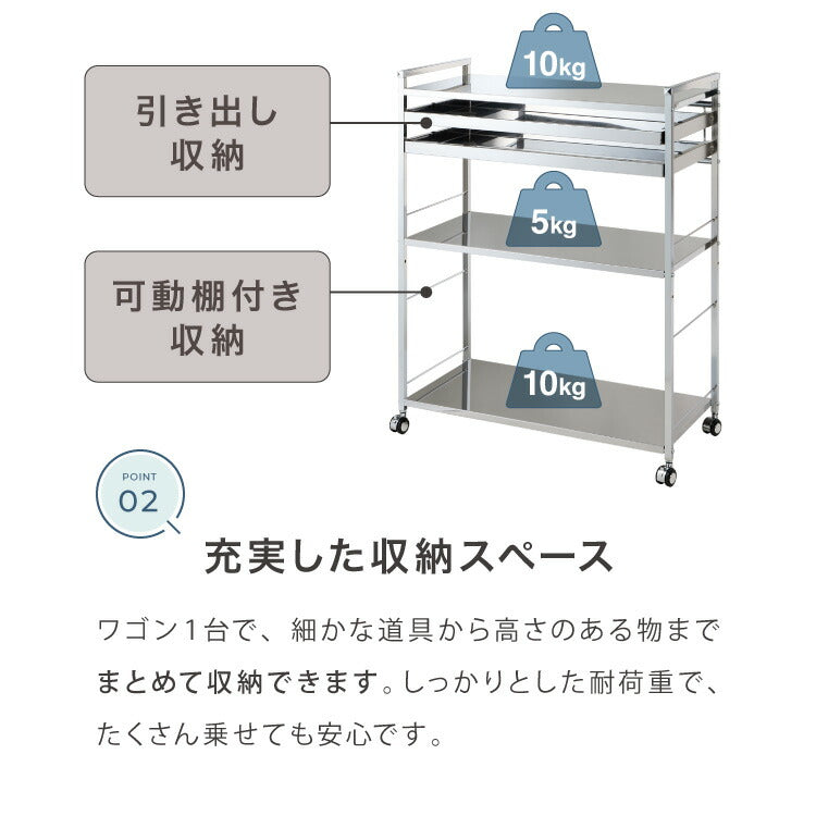 日本製 燕三条 ステンレス作業台ワゴン 幅73.5cm 2段 引出付き ハンドル付き キッチンワゴン 作業台 調理台 スリム キャスター付き おしゃれ ステンレス天板 ステンレスワゴン(代引不可)