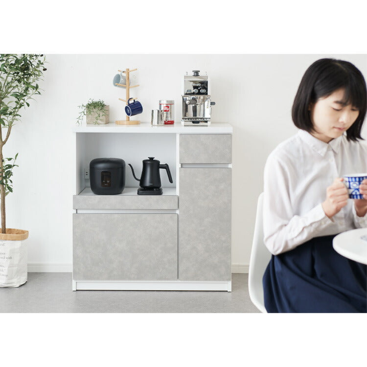 キッチンカウンター 間仕切り 幅90 食器棚 国産 完成品 大川家具 防汚加工 鏡面ホワイト セラミック調グレー 大容量 キッチン 収納 レンジ台 収納棚 スライド式 フルオープンレール ローリエ(代引不可)