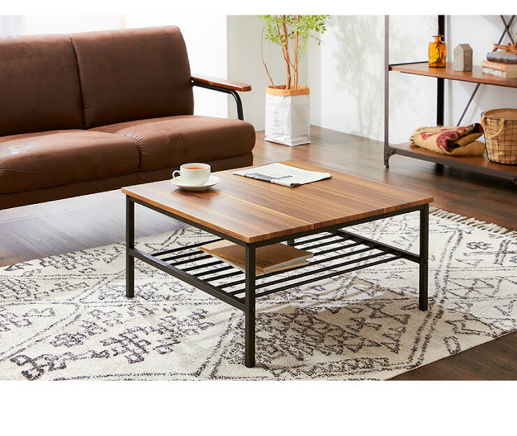 センターテーブル 正方形 おしゃれ 棚付き 収納 木目 スチール ブラウン リビング テレワーク 在宅勤務 一人暮らし 新生活 テーブル ローテーブル リビングテーブル 座卓 棚付 モダン レトロ 北欧 ヴィンテージ