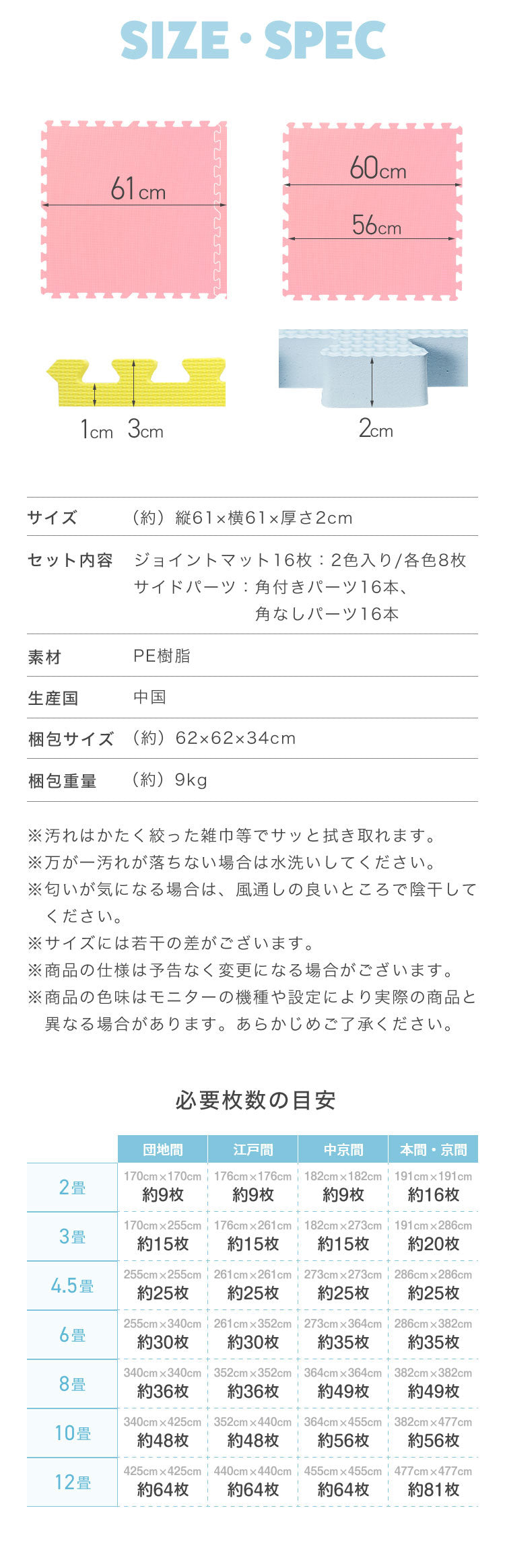 ジョイントマット 大判 厚手 2cm 60cm 16枚 3畳 特級防音 断熱 保温 耐熱 抗菌 防臭 ノンホルム サイドパーツ付き 洗える カラフル かわいい プレイマット キッズマット フロアマット カット可能