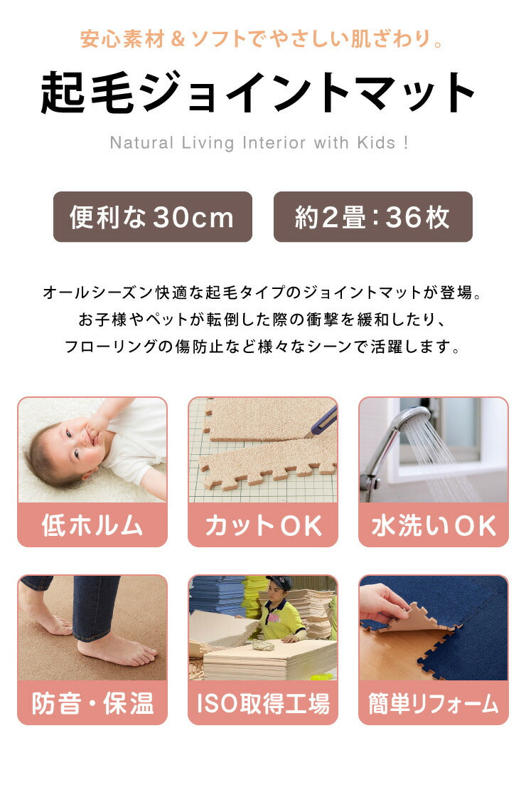 ジョイントマット 洗える 起毛 30cm 36枚セット 2畳分 カーペットマット プレイマット ソフト 厚さ0.7 防音 低ホルムアルデヒド