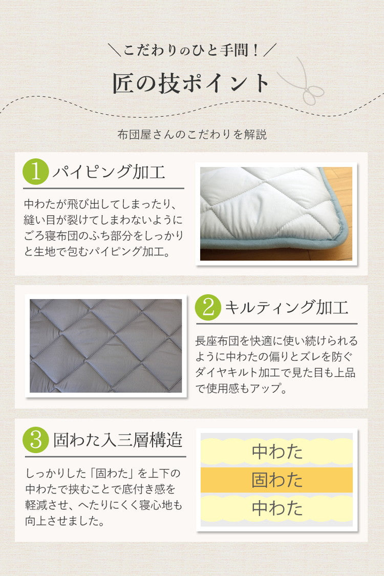 3層ごろ寝マット 日本製 65×150cm 国産 パイピング加工 キルティング加工 ダイヤキルト 固綿 ヘたりにくい 底付き感なし 敷布団 敷き布団 コンパクト 省スペース 折り畳み