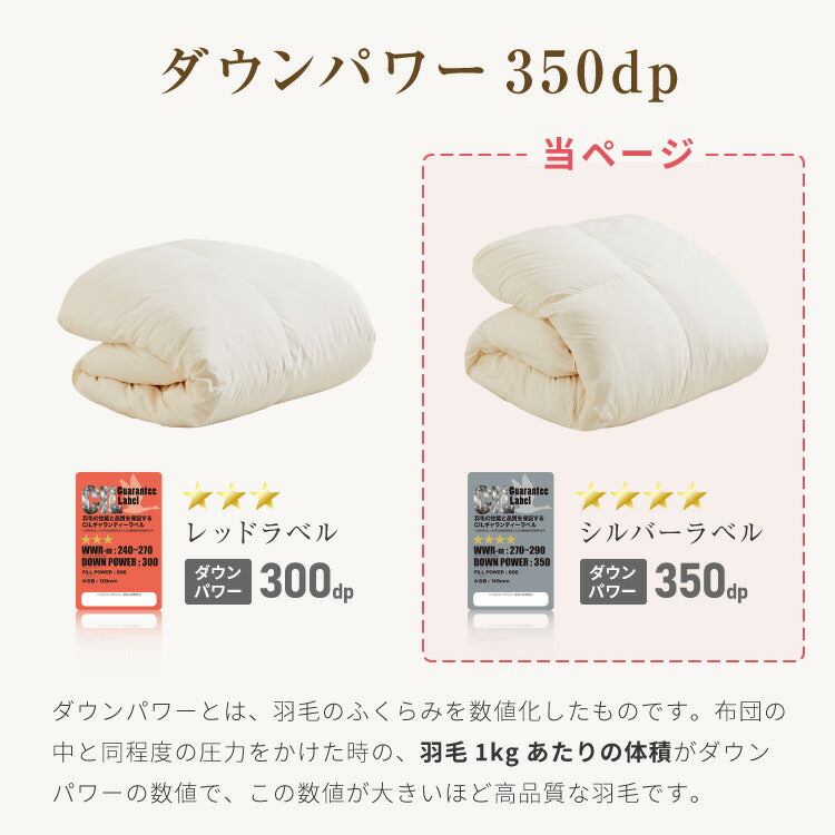 日本製 羽毛布団 セミダブルロング 170×210cm ホワイトダックダウン90% CILシルバーラベル 充填量1.2kg 立体キルト 抗菌 アレルGプラス&2倍洗浄 350dp以上 かさ高145mm以上 掛け布団 国産