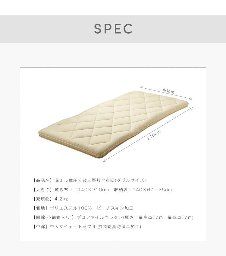 三層敷布団 ダブル 140×210cm TEIJIN マイティトップ 体圧分散 抗菌消臭 防ダニ 低ホルム 洗える 固綿入 ロング テイジン