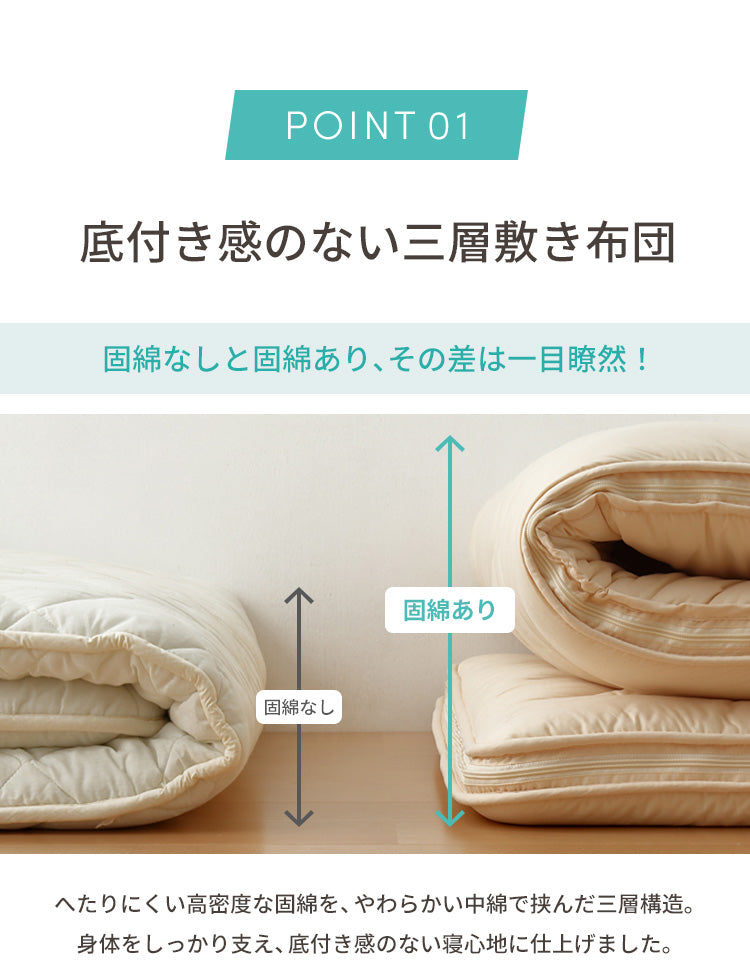 三層敷布団 ダブル 140×210cm TEIJIN マイティトップ 体圧分散 抗菌消臭 防ダニ 低ホルム 洗える 固綿入 ロング テイジン