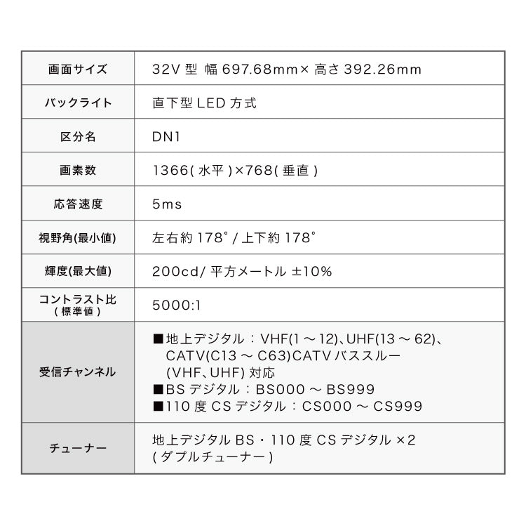 テレビ 32型 液晶テレビ ベゼルレス ダブルチューナー 日本製LSI搭載 32インチ ホテルモード搭載 裏録画 3波 地デジ BS 110度CSデジタル HD simplus シンプラス SP-32TVD-01 VAパネル 壁掛け対応【メーカー保証1年】