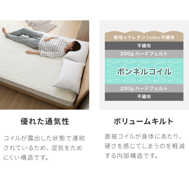 連結金具付き フロアベッド ローベッド セミダブル ボンネルコイルマットレス ベッド ベッドフレーム 2口コンセント付き 連結ベッド すのこベッド 宮棚 ロータイプベッド マットレス付き 一人暮らし(代引不可)